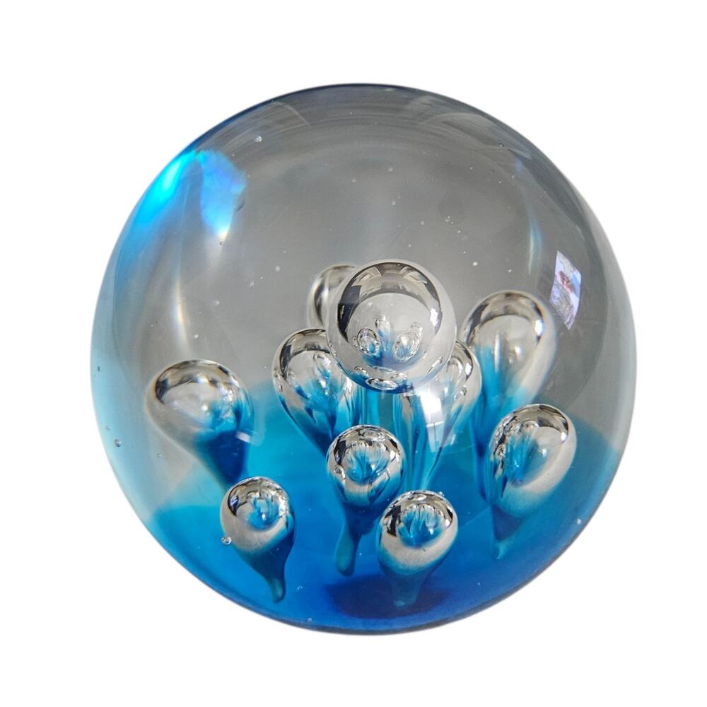 Blue Clear Art Glass Paperweight Controlled Bubble Design